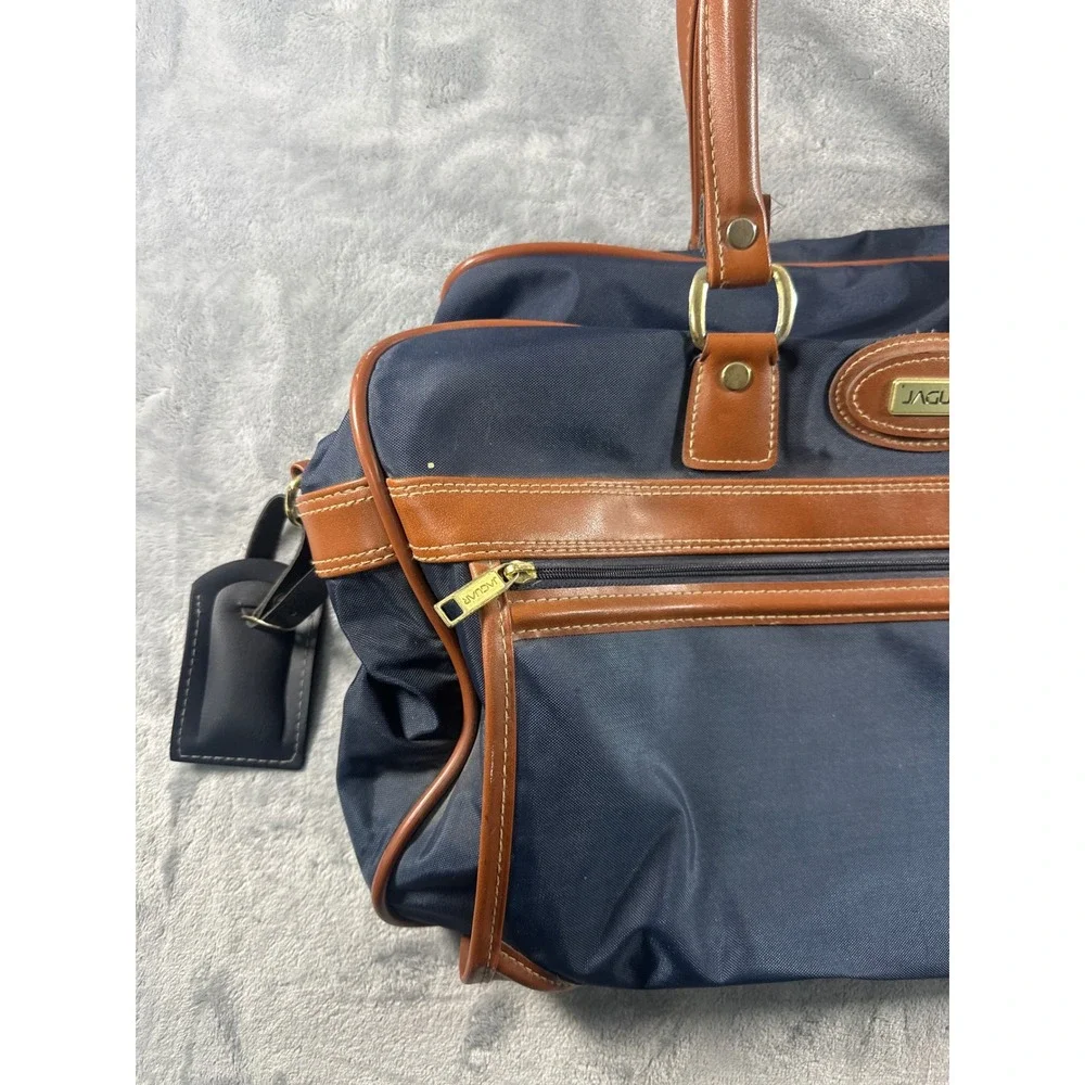 Jaguar Navy Blue Nylon Duffel Bag Brown Trim Weekender Travel Carry On Luggage